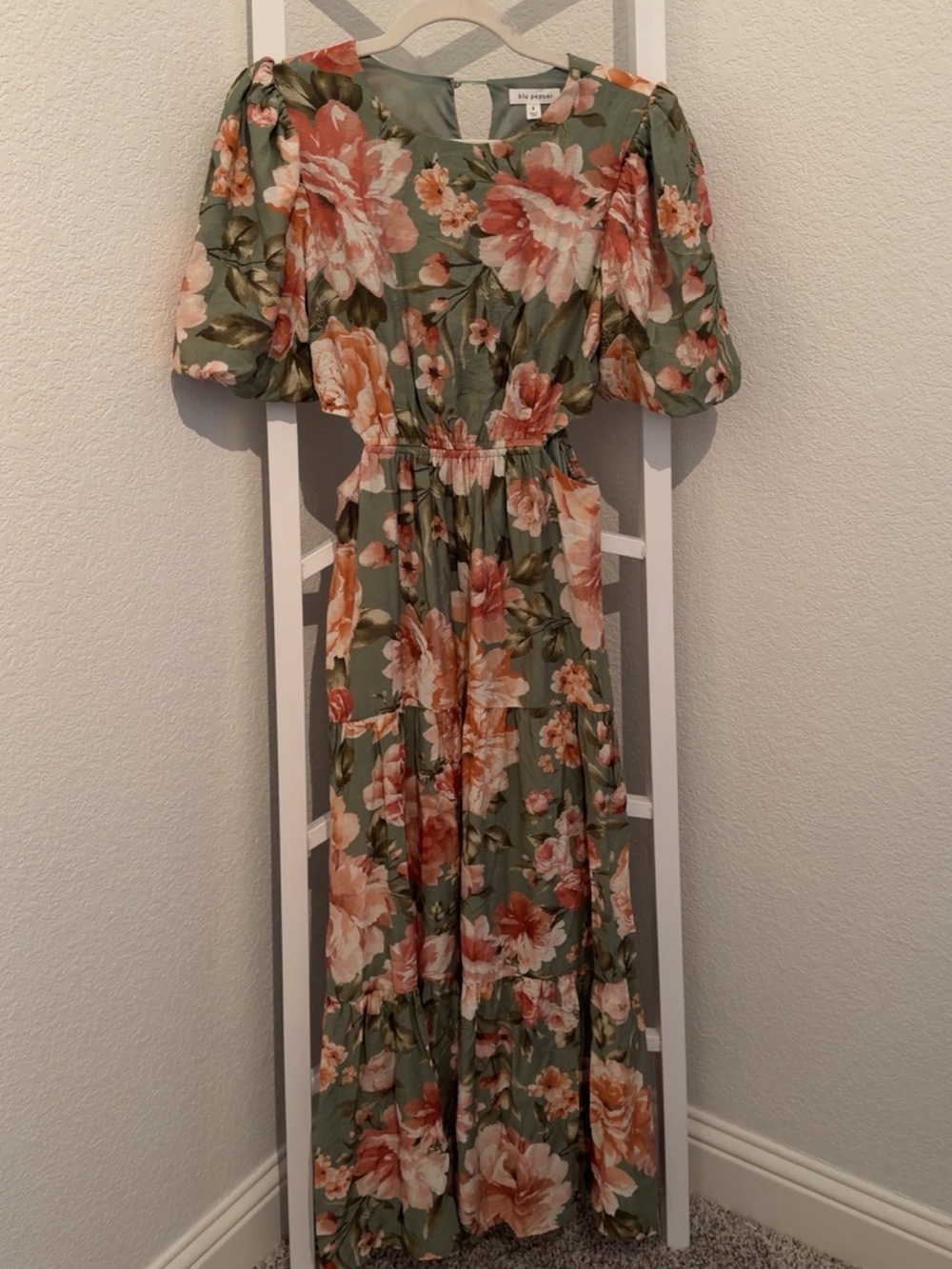 Blu Pepper Olive Green Floral Maxi Dress with Peach Blooms